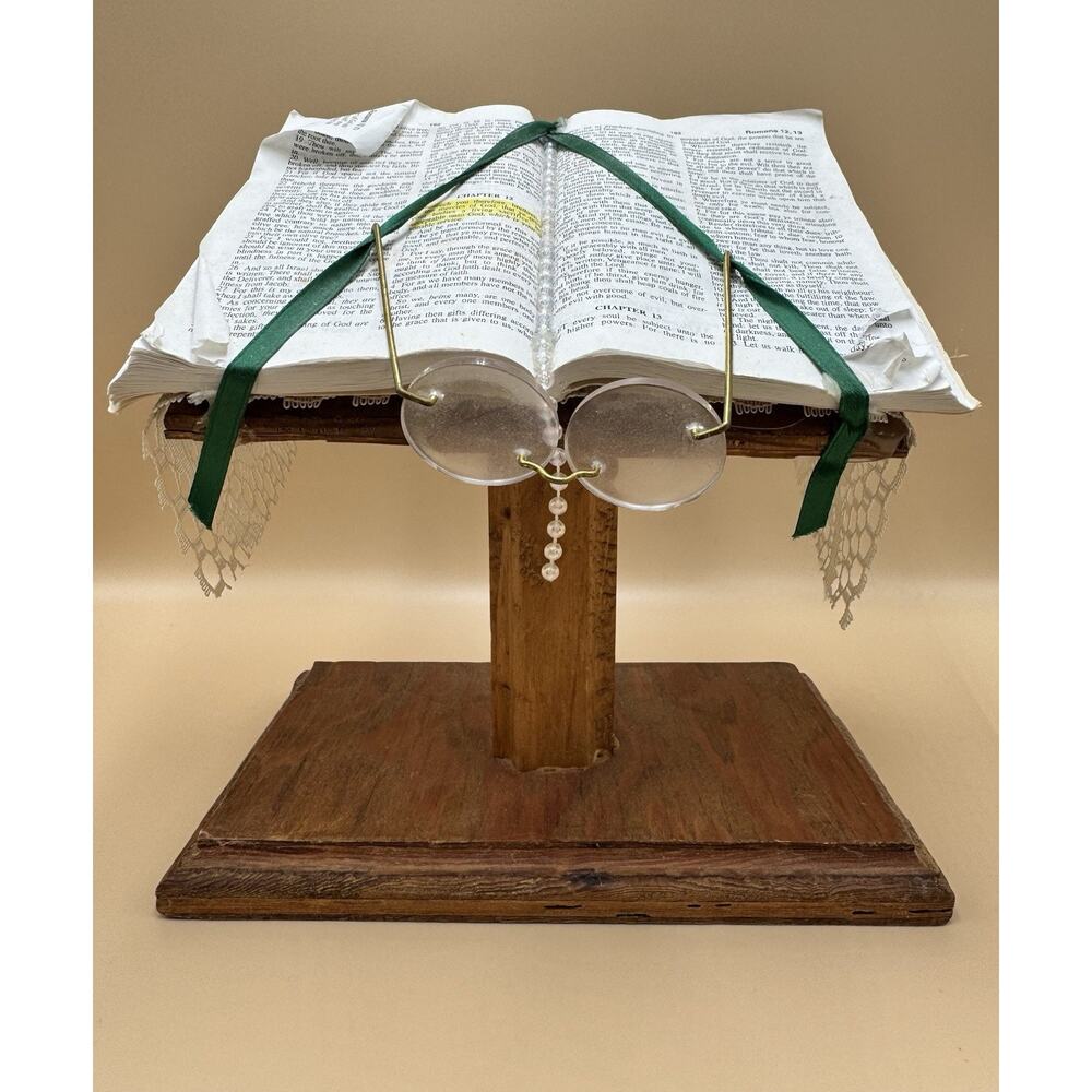 Vintage Handmade Religious Bible On Wood Podium Art Sculpture With Glasses
